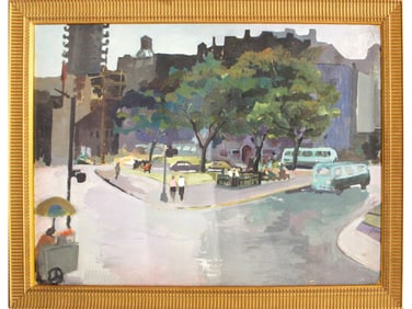 American School Oil Painting, Park Scene