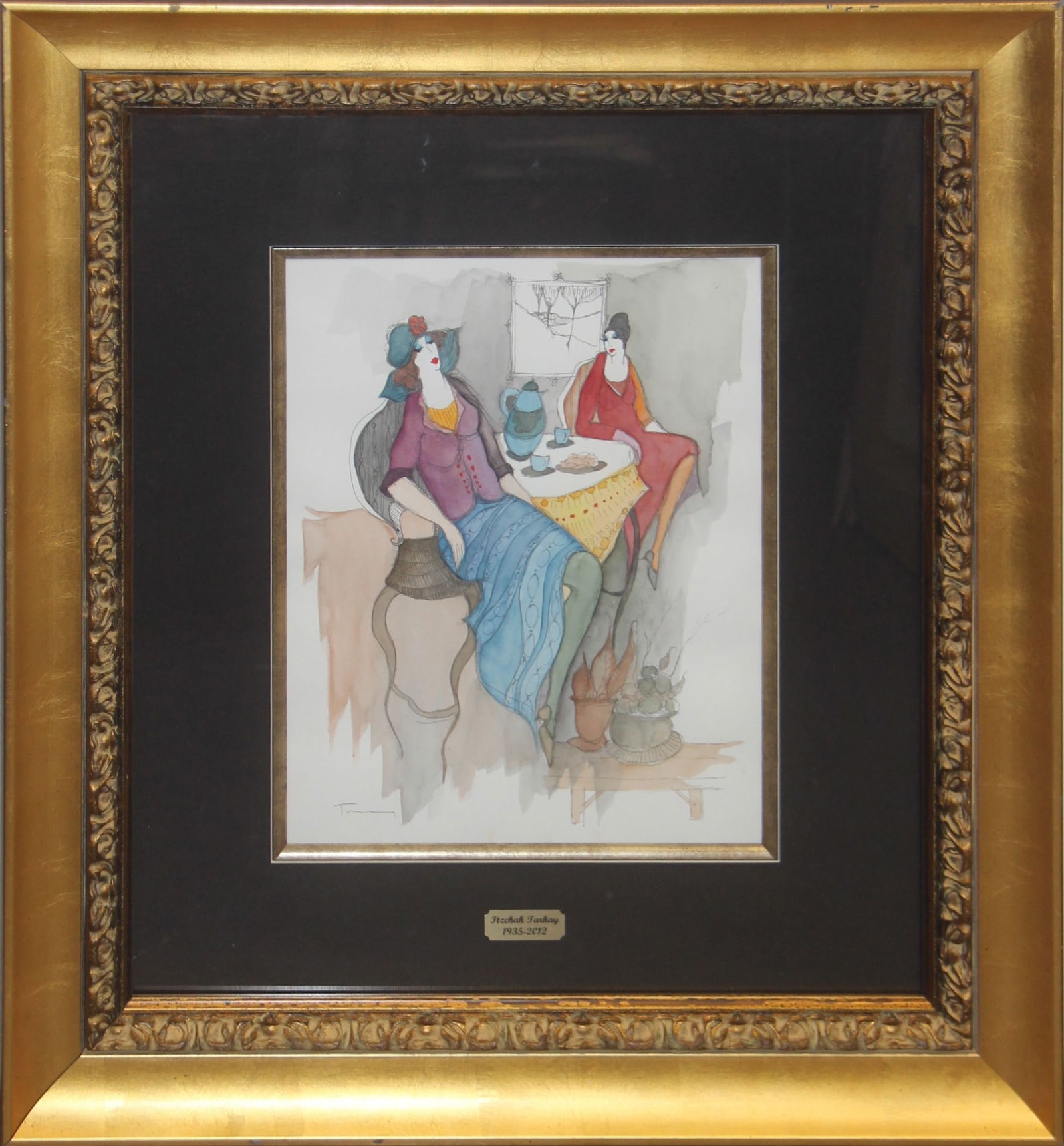 Itzchak Tarkay, Watercolor on Paper, "Tea Time" (1 of 3)