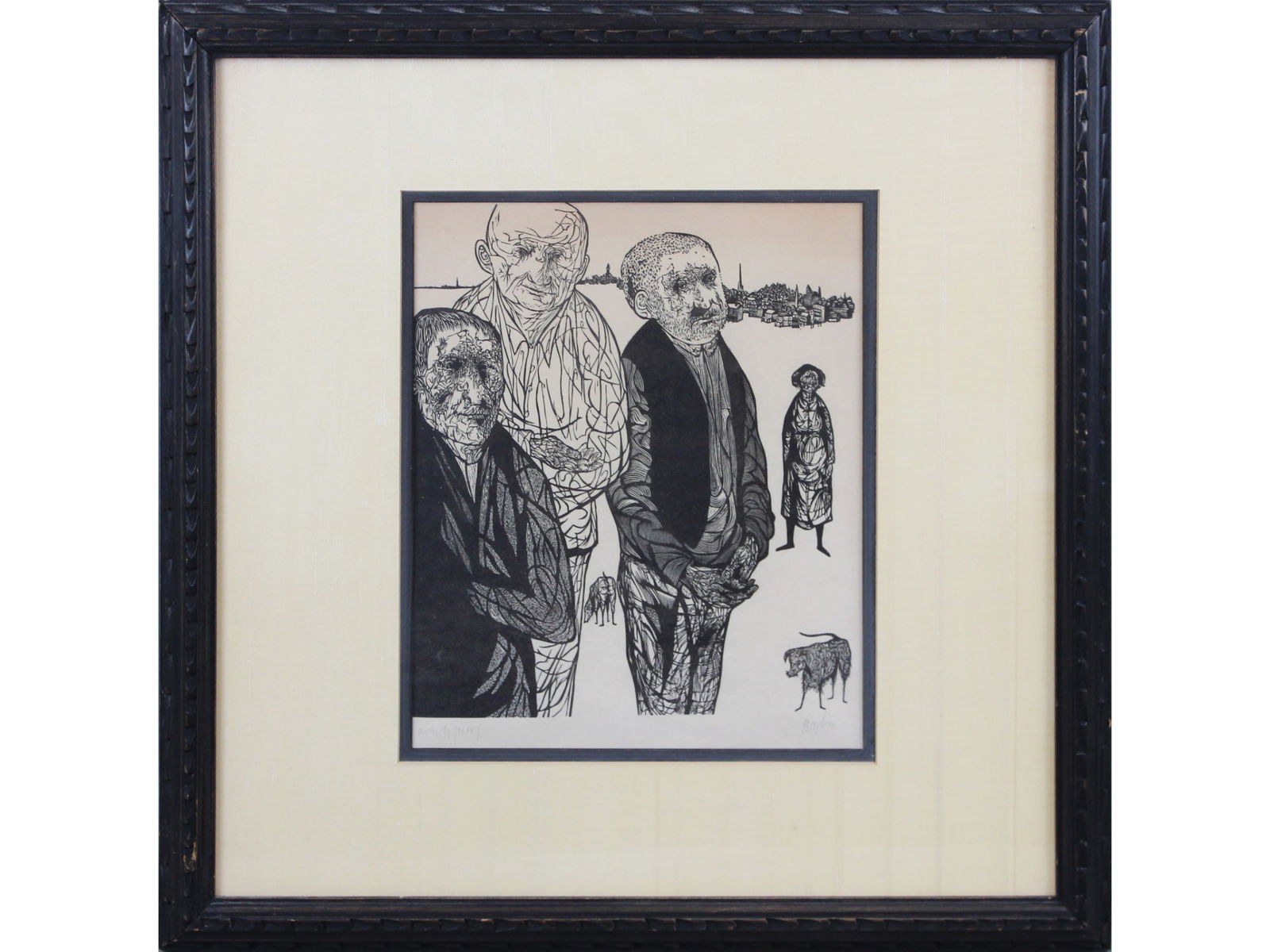 Leonard Baskin, View of Worcester, Signed Etching: Leonard Baskin (American, 1922-2000). "View of Worcester", pencil signed lower right and pencil marked "Artists Proof" lower left. Sight seen approx. 9" x 10", overall frame size approx. 18" x 18". (B