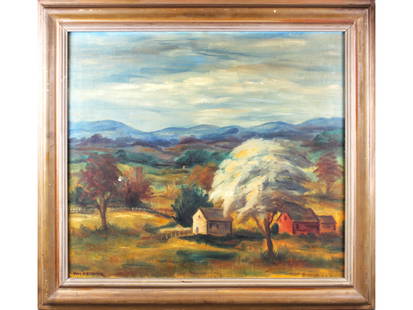 Paul Raphael Meltsner, Oil on Canvas: Paul Raphael Meltsner (American, 1905-1966), oil on canvas landscape. Signed lower left. Sight seen approx. 29-1/2" x 25-1/2", overall frame size approx. 36" x 32". Small 1/2" hole and paint loss spot