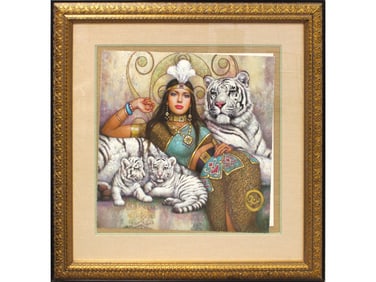 Karl Bang Lithograph, Matriarch with White Tigers