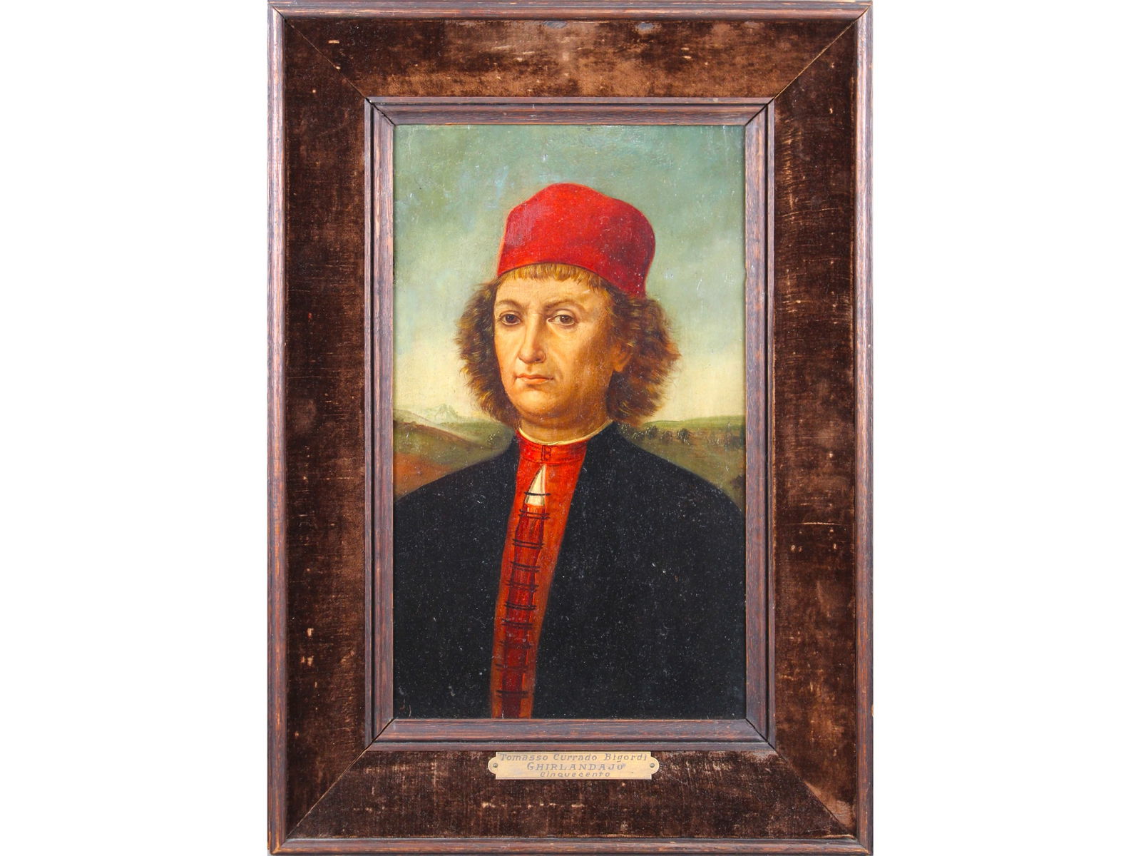 After Domenico Ghirlandaio, Oil on Wood Portrait: Lot consists of an oil on wood panel painting After / In The Style of Domenico Ghirlandaio, depicting a portrait of a man. Image size seen approx. 8" x 14", overall frame size approx. 14-1/2" x 20". P