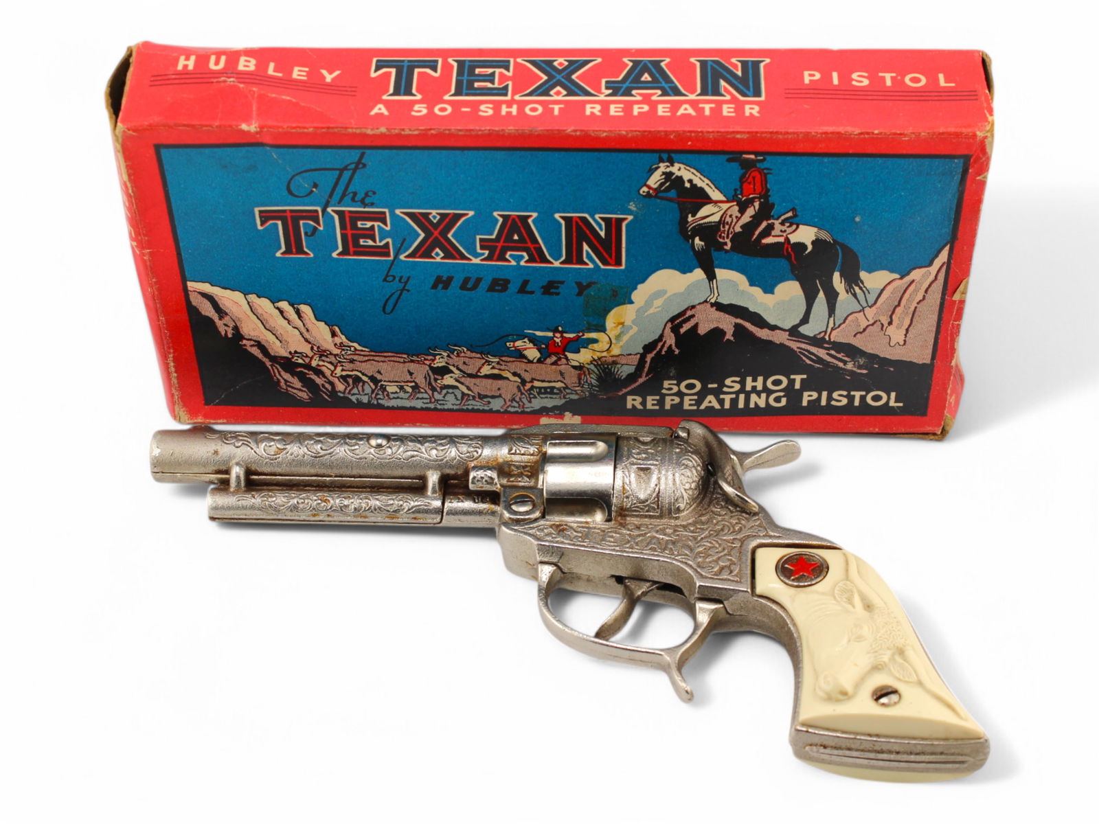 Hubley Texan Cap Pistol Boxed: Great Graphics on Box Model No. 285