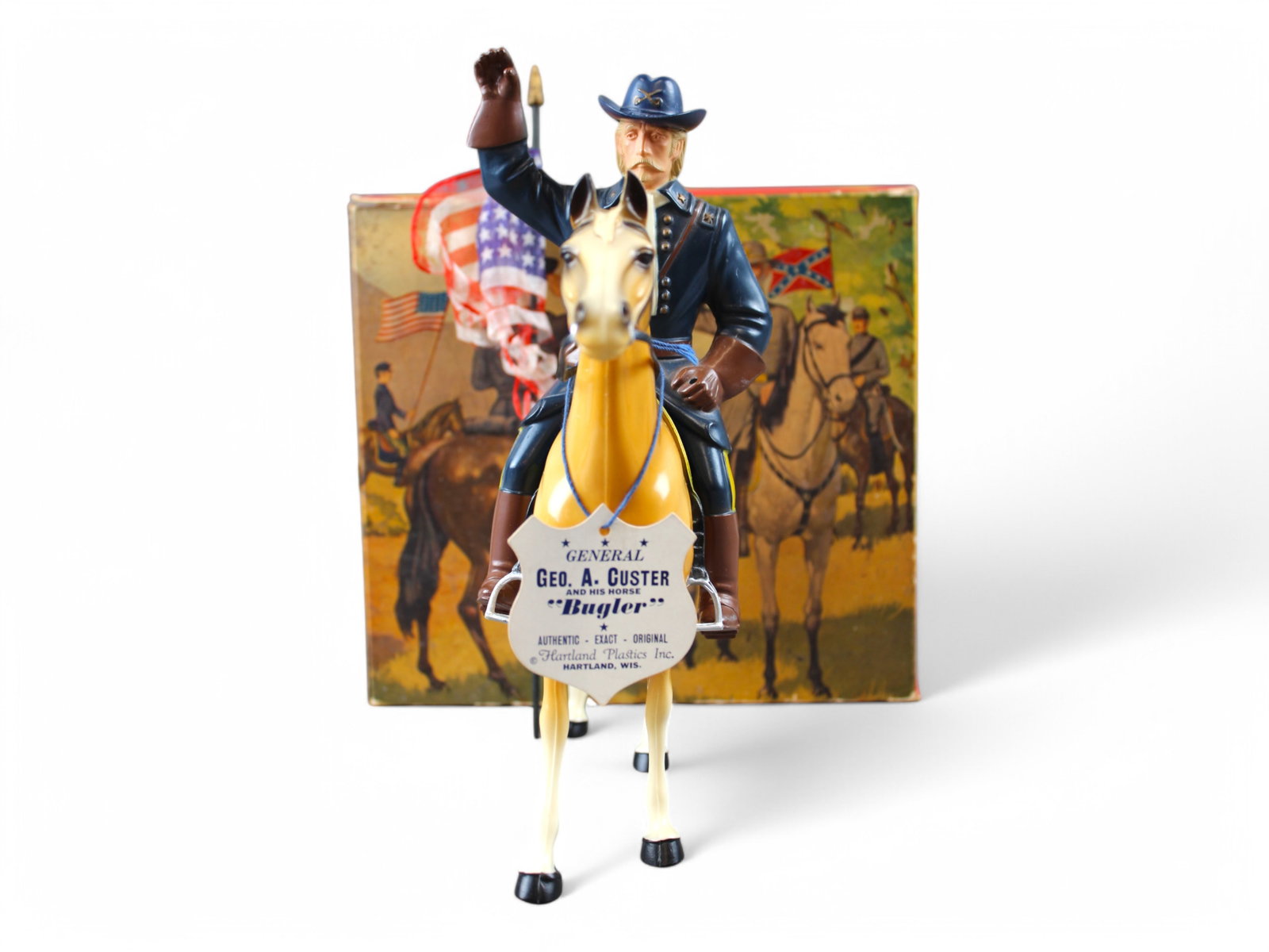 Hartland Gen. George Armstrong Custer w/Box: Vintage 1950's, "General George Armstrong Custer" by Hartland in Original Box, Figure #814. Includes figure with hat, horse with reins and saddle, silk flag (tattered throughout), and original hard to