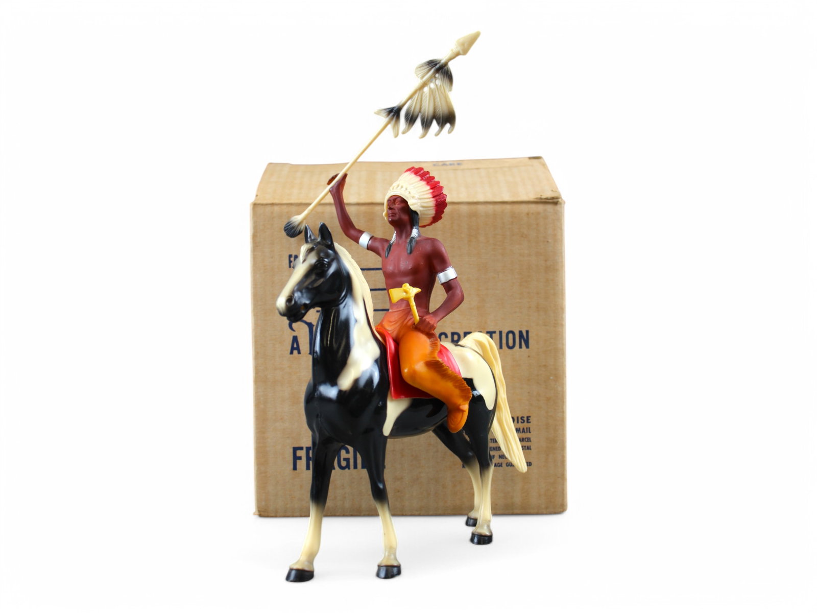 Hartland Chief Thunderbird & Northwind w/ Orig Box: Vintage 1950's, "Chief Thunderbird & Northwind" by Hartland in Original Box, Figure #813. Includes figure with headdress, knife, tomahawk, spear, and horse with red blanket. All pieces show playwear w
