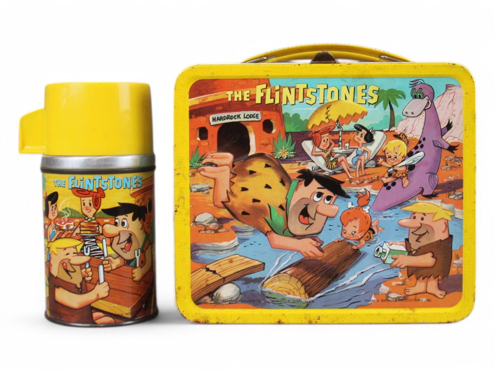 Flintstones Lunchbox and Thermos: Box is Very Good with wear and pitting, Thermos is Excellent. See images for details.