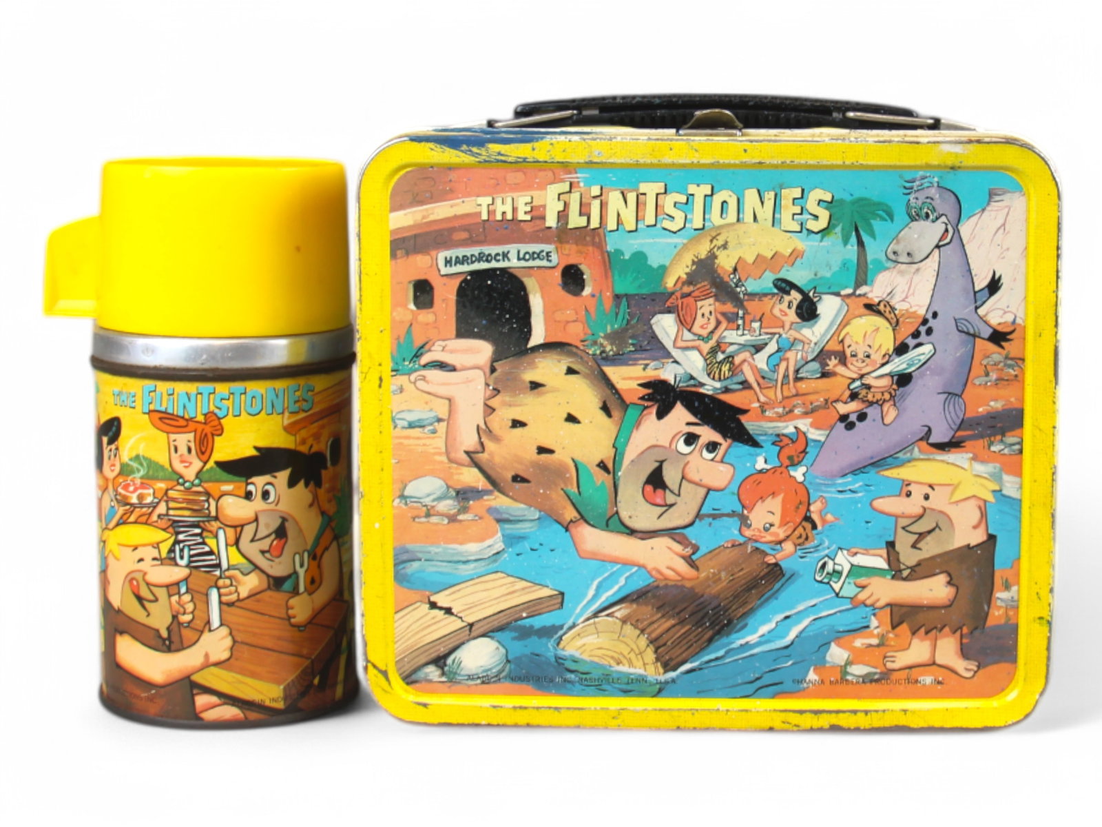 The Flintstones Lunch Box and Thermos: Box has paint splatter on top edge and overall wear, thermos is about fine. See images for details.