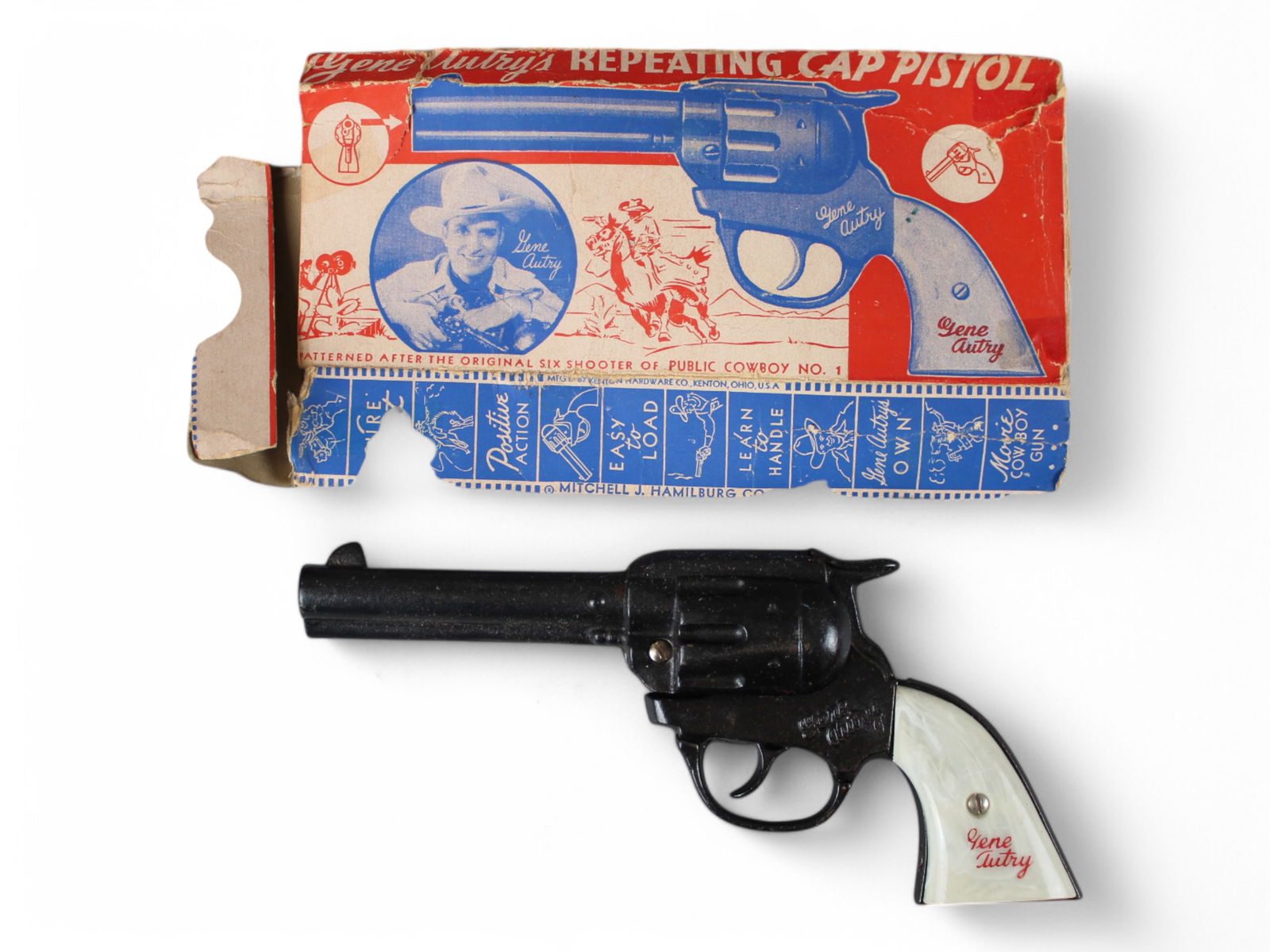 Gene Autry Repeating Cap Gun Boxed: Box is worn and missing one end flap. Gun is Excellent.