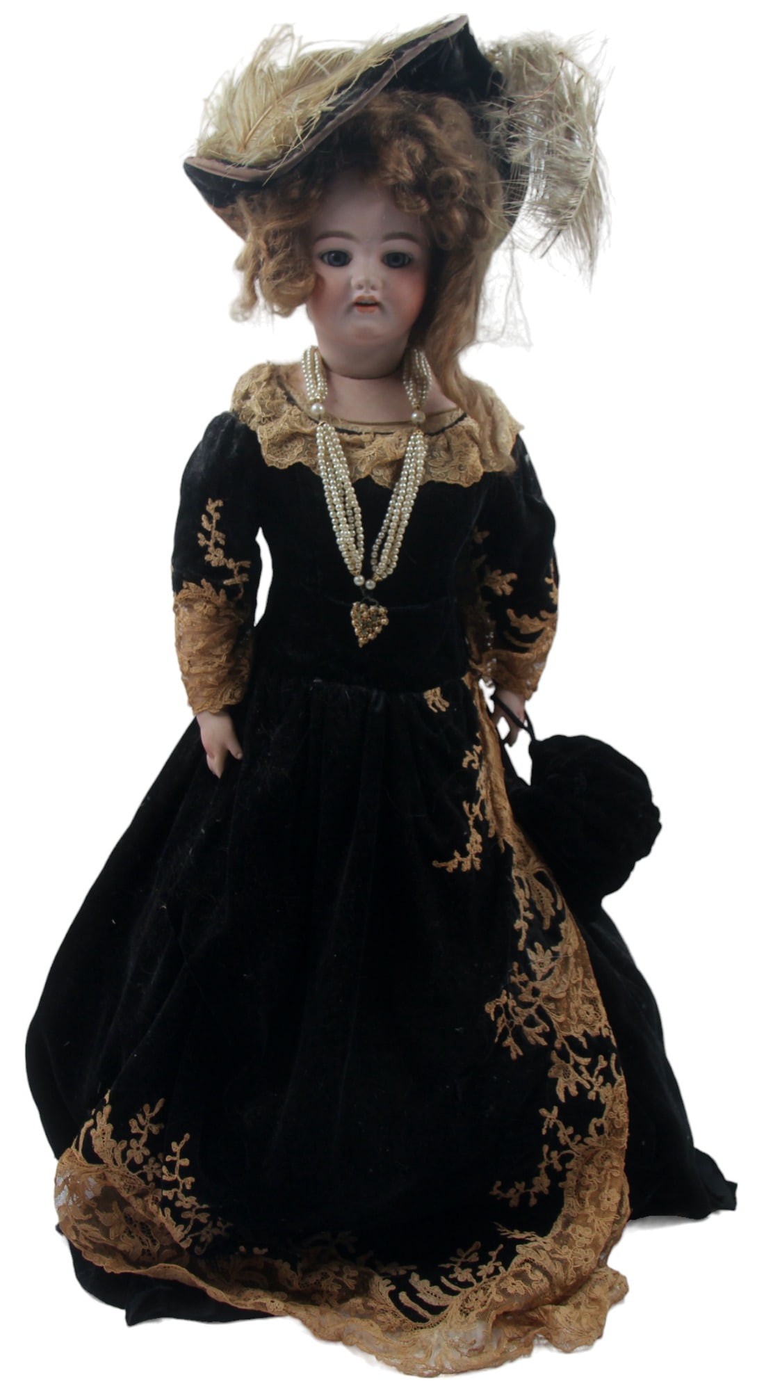 26" Bisque Head Doll: Mold #1069 with beautiful vintage Gown, Hat and accessories. Blue fixed eyes, open mouth and molded teeth. Left arm is detached from leather shoulder.