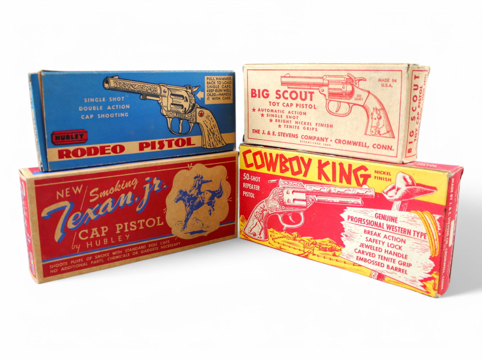 Vintage Cap Gun Boxes Only: Lot includes Stevens "Big Scout", Hubley "Rodeo Pistol", Stevens "Cowboy King" & Hubley "New Texan Jr." all boxes are complete and in nice condition. these will add a tremendous amount of value to you