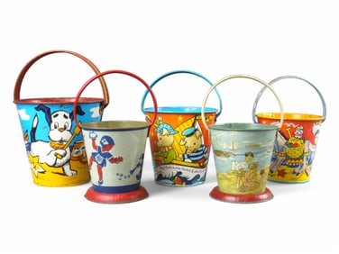 (5) Vintage Tin Lithographed Sand Pails