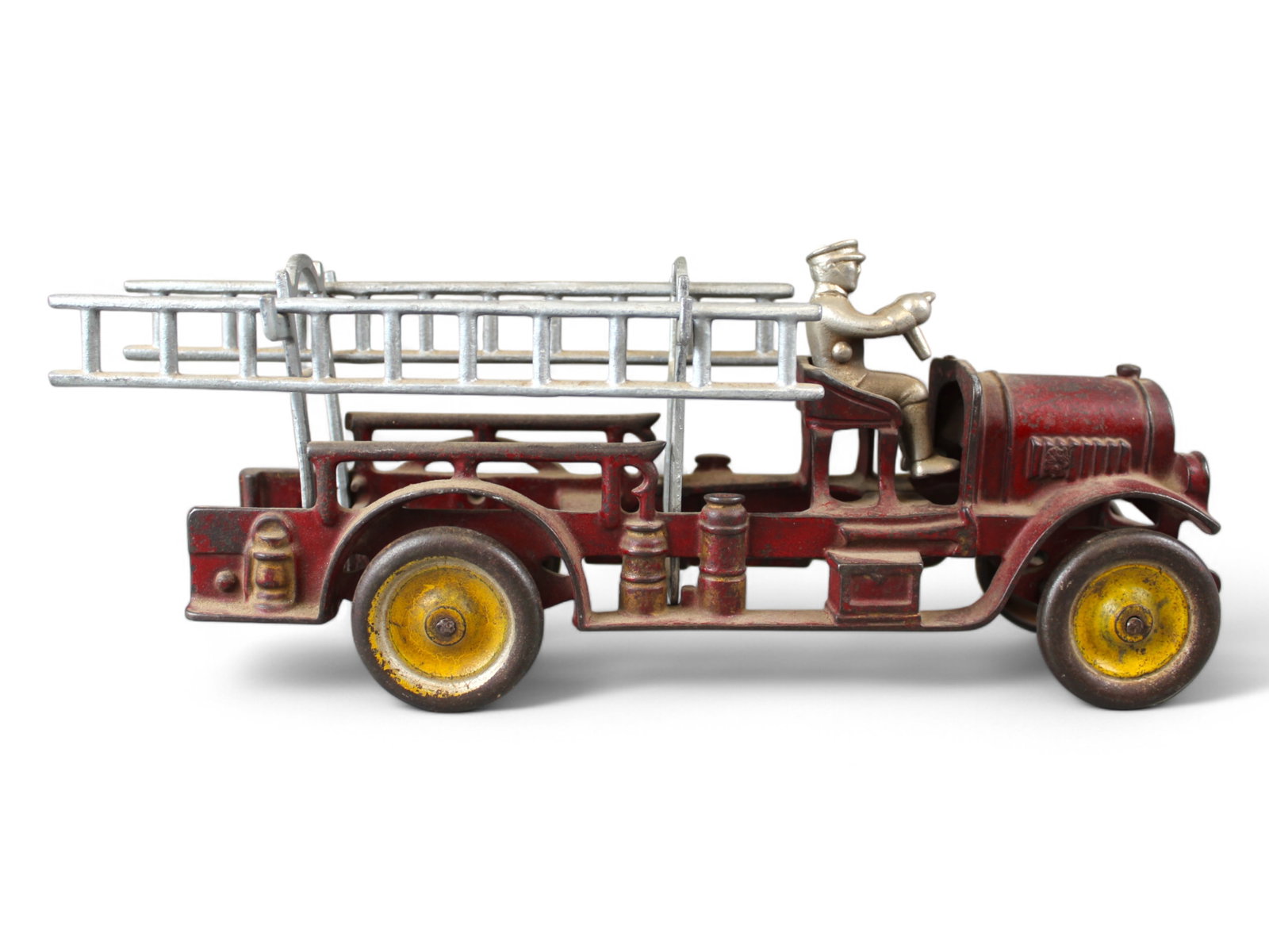 Cast Iron Fire Ladder Truck: 11 1/2" Fire Ladder Truck Red with Silver Ladders, and Driver. Excellent Piece.