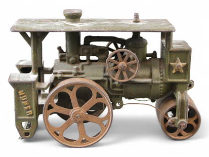 Hubley Huber Cast Iron Steam Roller.: Hubley Huber Toy Steam Roller Tractor - Green Painted cast iron w/ original paint, 7 3/4" W x 5" H. Lacking stand-up driver and chains.