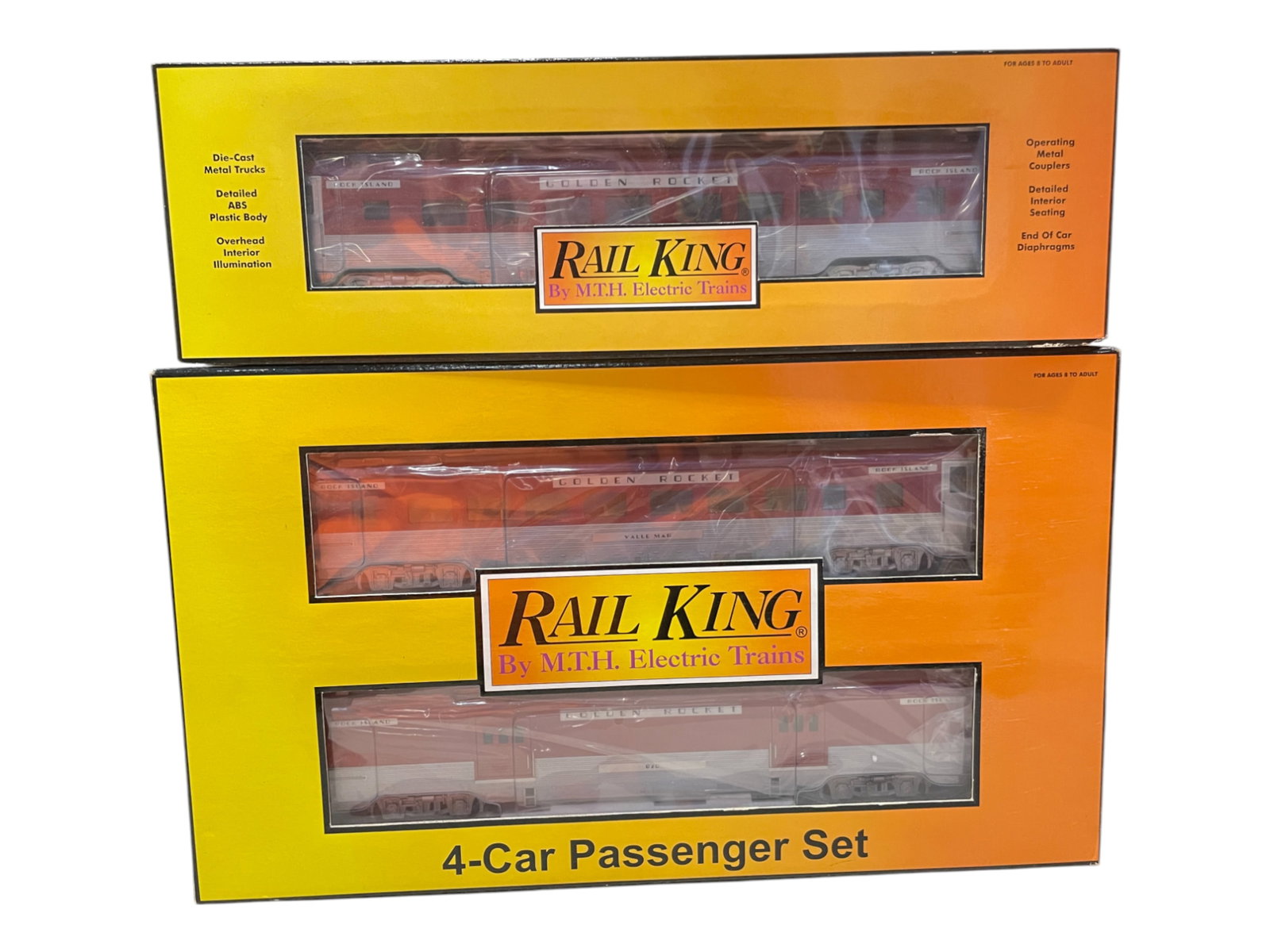 MTH RailKing RI Streamline Cars: Includes 30-6708 4-car 60' set; 30-6709 Add-on Coach. They show light runtime with boxes.