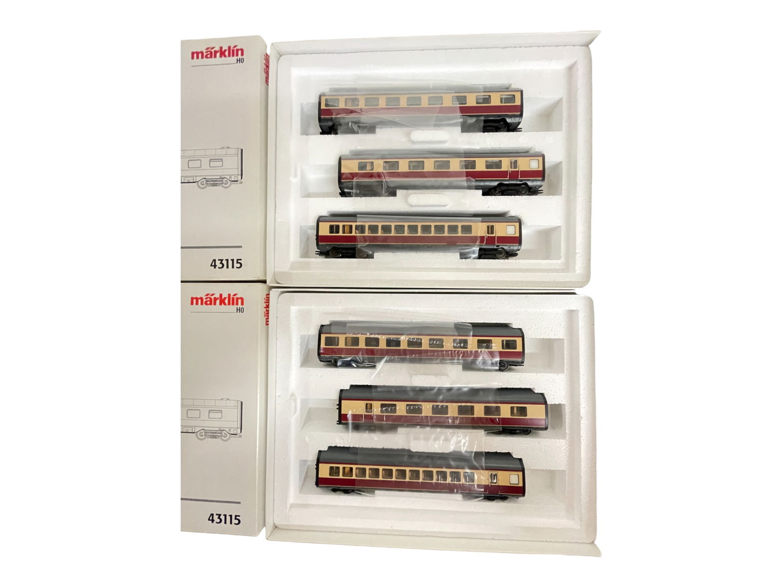 2 Marklin HO 43115 TEE Add-On Cars: HO Gauge. Each includes 3 coaches. (Goes with the VT 11.5 Rail set)All appear new in set boxes.