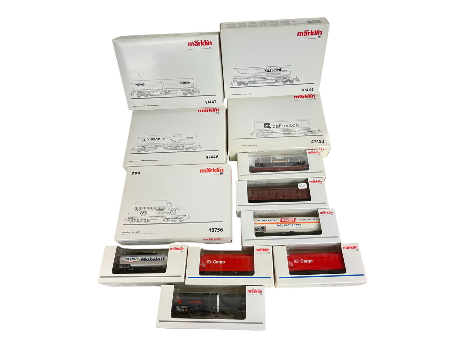 12 Marklin HO Bogey Truck Freights: HO Gauge. Includes 47442, 47450, 47446, 47444, 48756, 2-47200; 46557, 46526; 94421, 47191 & 48673. All appear new in boxes, a few boxes show light shop wear.