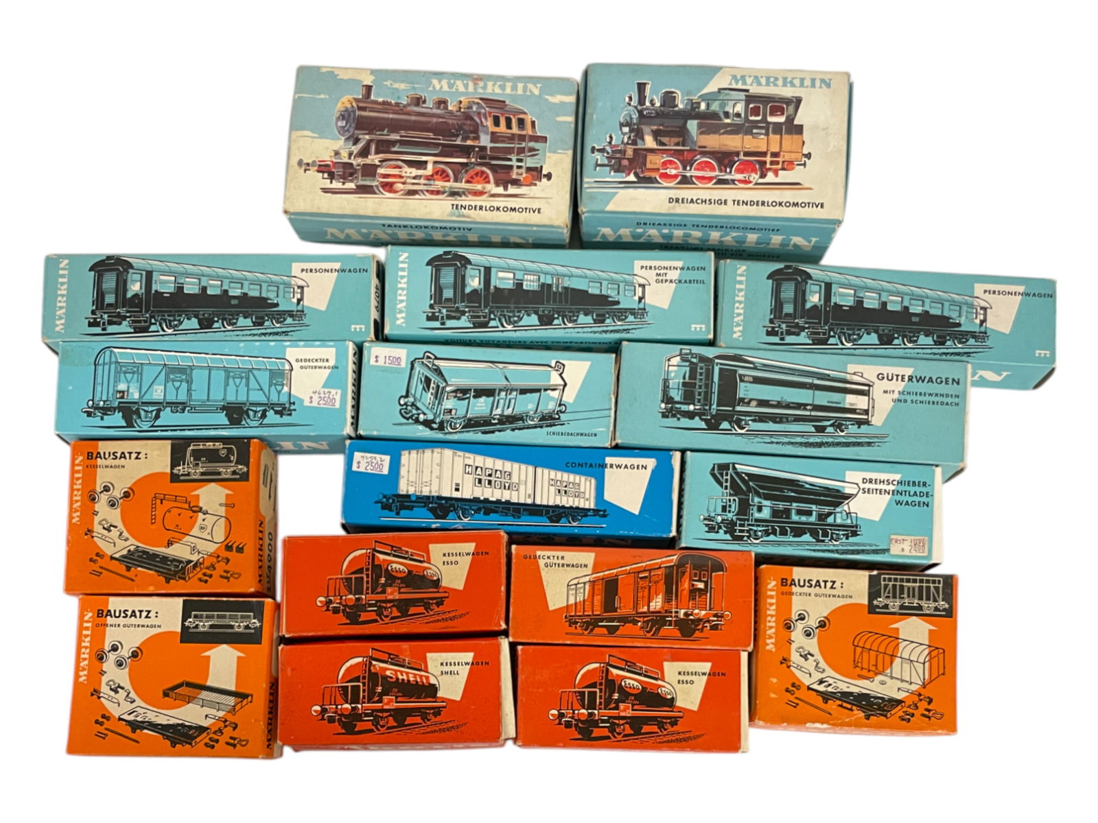 17 Boxed Vintage Marklin HO Trains: Includes 3000 Tank Loco; 3029 Steam Tank Loco; Rolling stock- 4502, 4501, 4905, 4903, 4900, 4633, 4659, 2-4079; 4080; 4627; 4919, box flaps loose one side; 312/1; 4501. Most show light use, a fewunuse