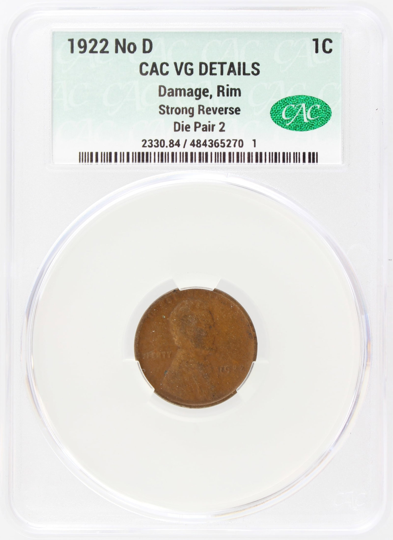 1922 No D Strong Reverse 1C CAC VG Details (1 of 2)