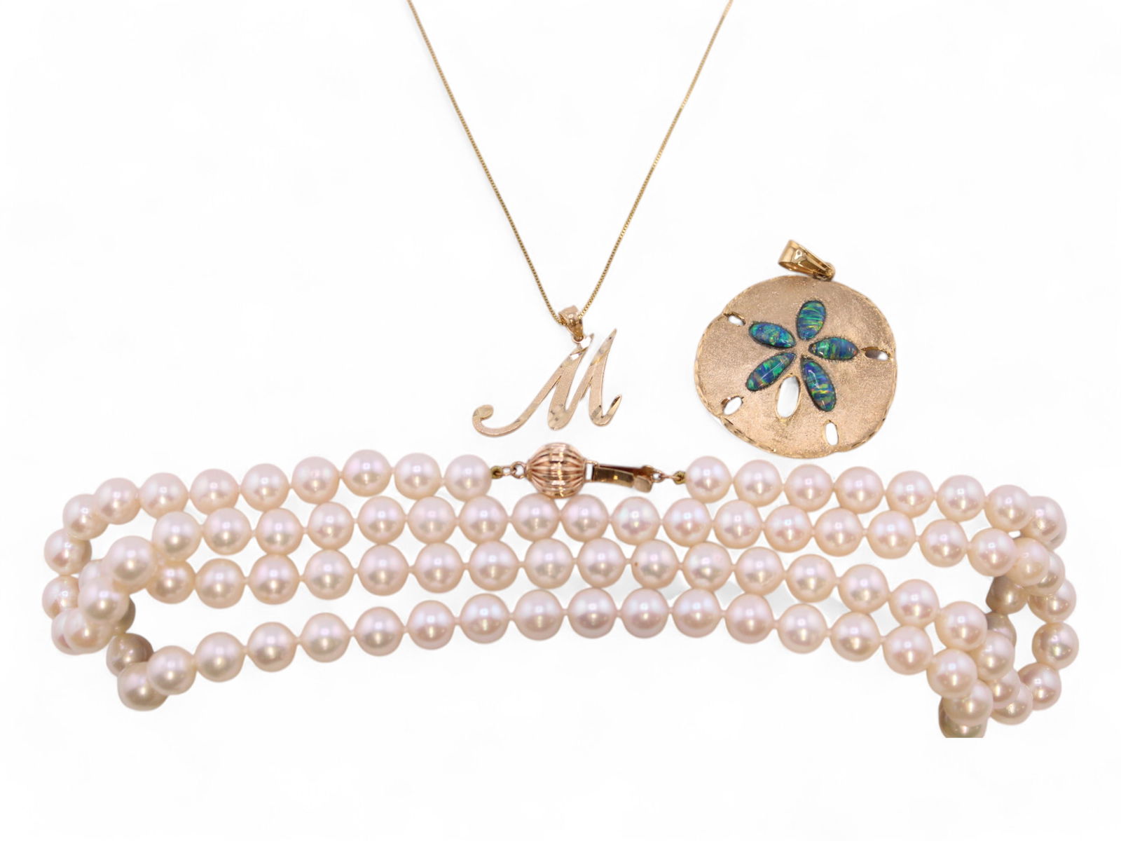 Gold Necklace, Pendant, and Pearl Necklace (1 of 1)