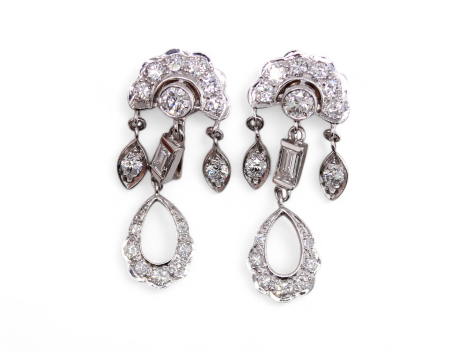 Art Deco Antique Platinum Diamond Earrings: Antique Art Deco platinum diamond earrings. 2.50ctw G color VS1. Hand made. 7 dwt.