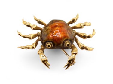 18k Yellow Gold Enameled Crab Pin, Italy