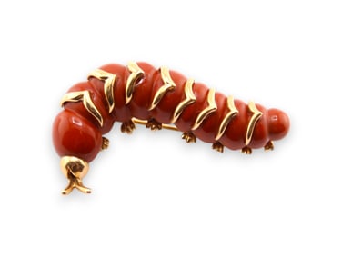 14k Yellow Gold Jasper Caterpillar Brooch