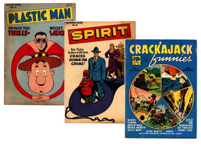 Golden Age Comic Lot (3) Books: Lot includes Plastic Man #6 Overall Fine with Staples a bit Rusty, Spirit #8 Fine/Fine+ and Crackajack Funnies 22 VG.