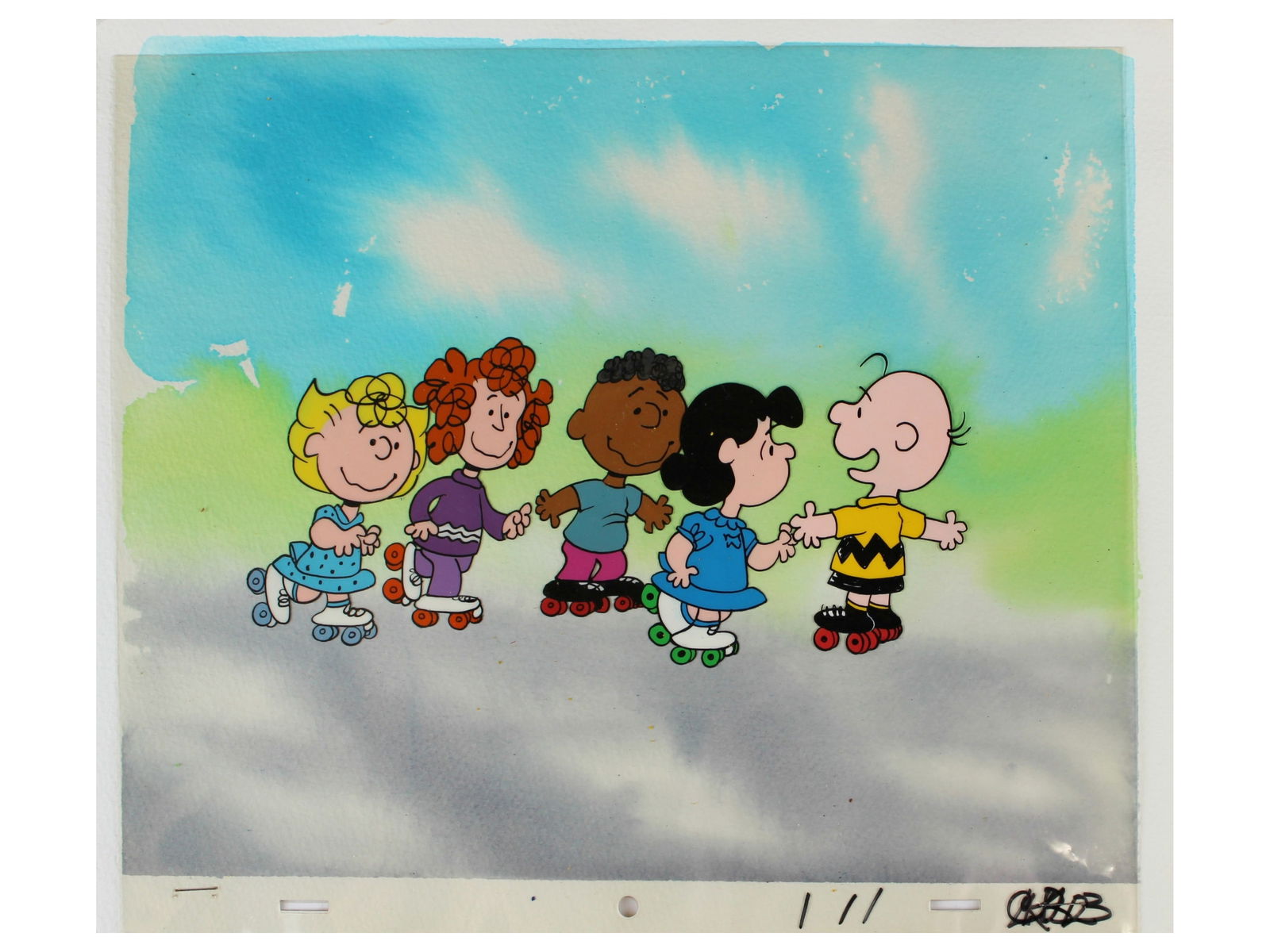Peanuts Production Cel w/ Master Background: (circa 1980/90's). Original hand inked and hand painted production cel with painted master background. Untitled featuring Charlie Brown, Lucy Van Pelt, Sally Brown, Franklin, and Frieda. Cel measures