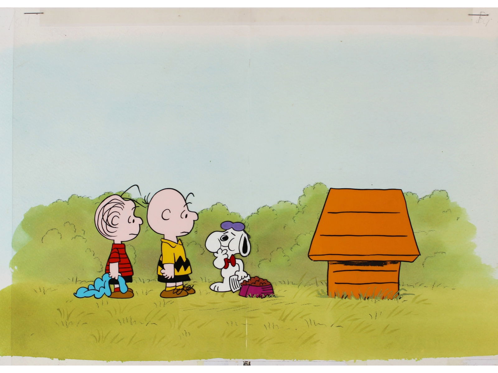 Peanuts Production Cel w/ Master Background: (circa 1980/90's). Original hand inked and hand painted production cel with painted master background. Untitled featuring Charlie Brown, Snoopy, and Linus Van Pelt. Cel measures approximately 9" by 13