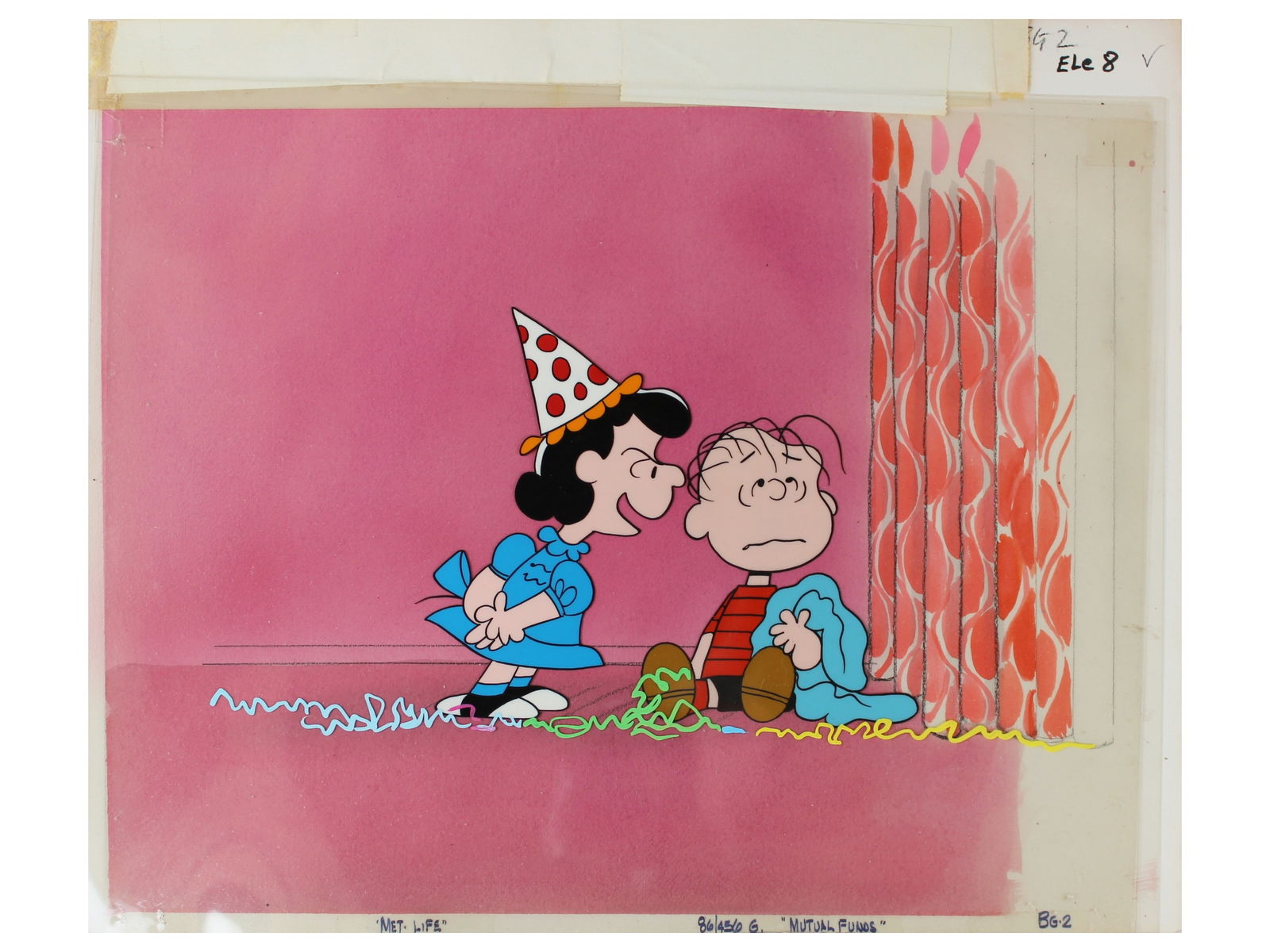 Peanuts Production Cel w/ Master Background: (circa 1980/90's). Original hand inked and hand painted production cel with painted master background. Untitled featuring Lucy & Linus Van Pelt. Cel measures approximately 10 1/2" by 13". This cel com