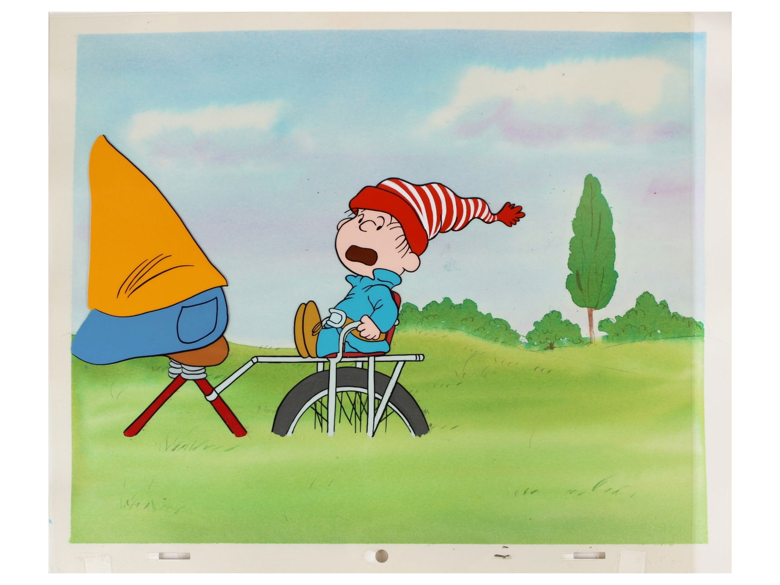 Peanuts Production Cel w/ Master Background: (circa 1980/90's). Original hand inked and hand painted production cel with painted master background. Untitled featuring Rerun Van Pelt. Cel measures approximately 10 1/2" by 13". This cel comes dire