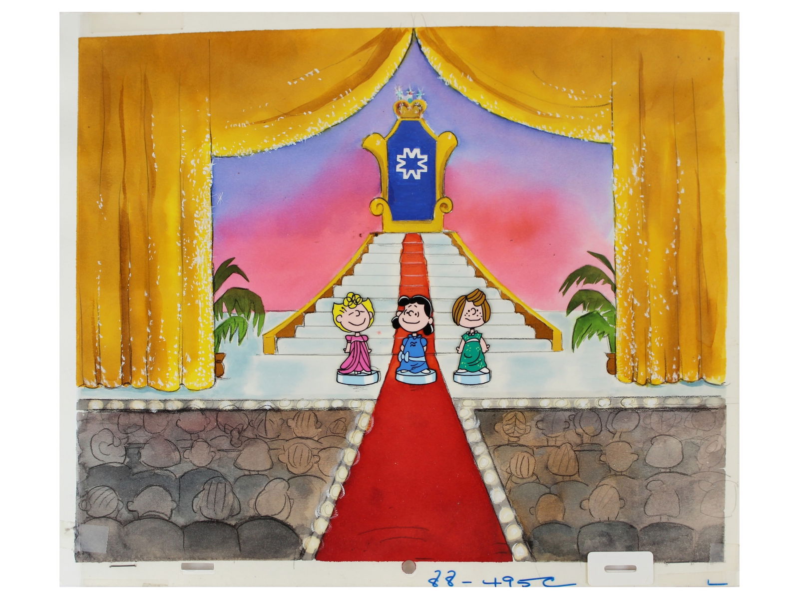 Peanuts Production Cel w/ Master Background: (circa 1980/90's). Original hand inked and hand painted production cel with painted master background. Untitled featuring Lucy Van Pelt, Sally Brown, and Peppermint Patty. Cel measures approximately 1