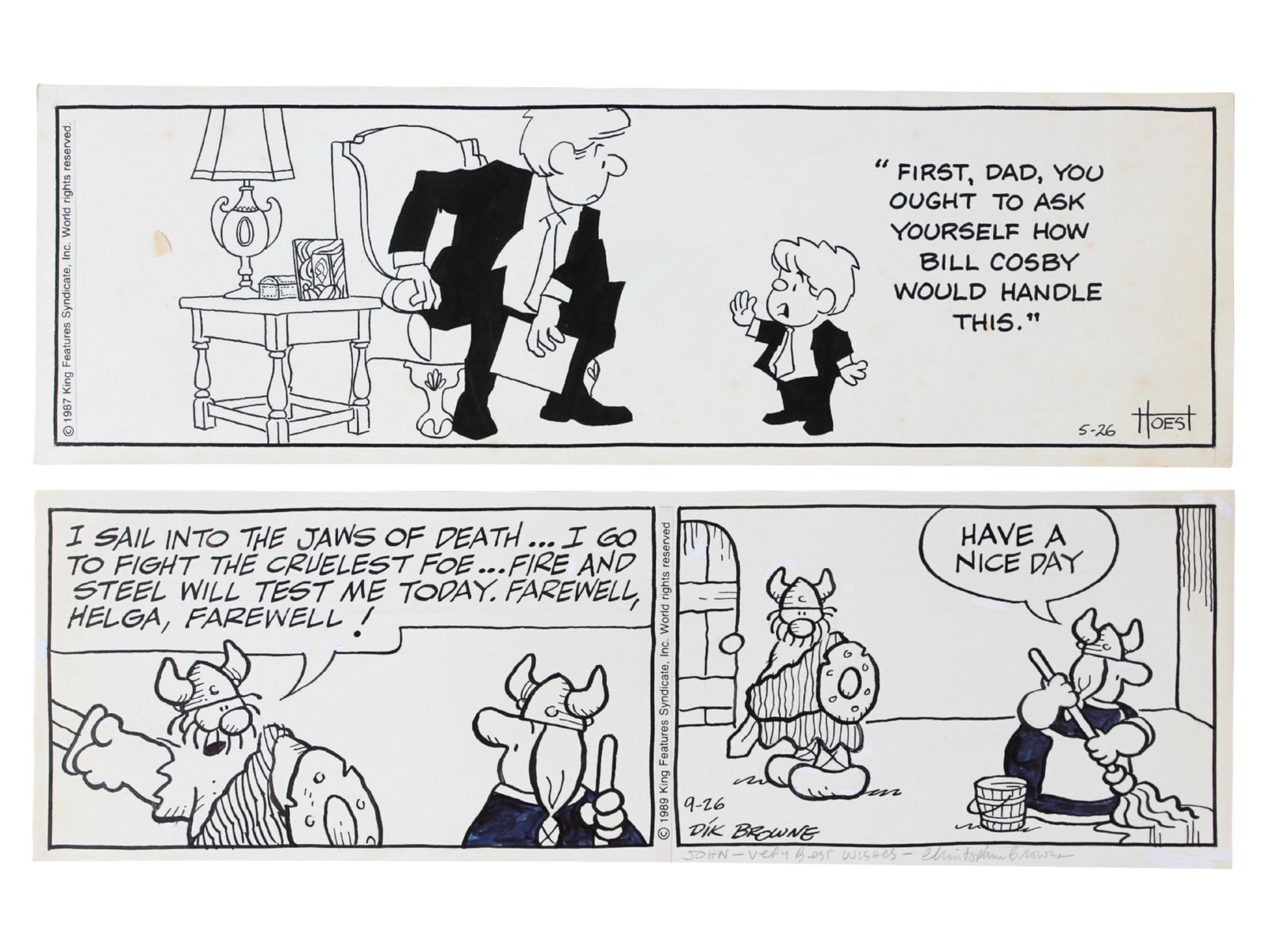 (2) Original Comic Strip Dailies ? 1980s: Includes two original inked comic strip dailies: H?gar the Horrible by Dik Browne, dated 9-26-1989, measuring approx. 4?" x 13?". The Lockhorns by Hoest, dated 5-26-1987, measuring approx. 4?" x 13?",