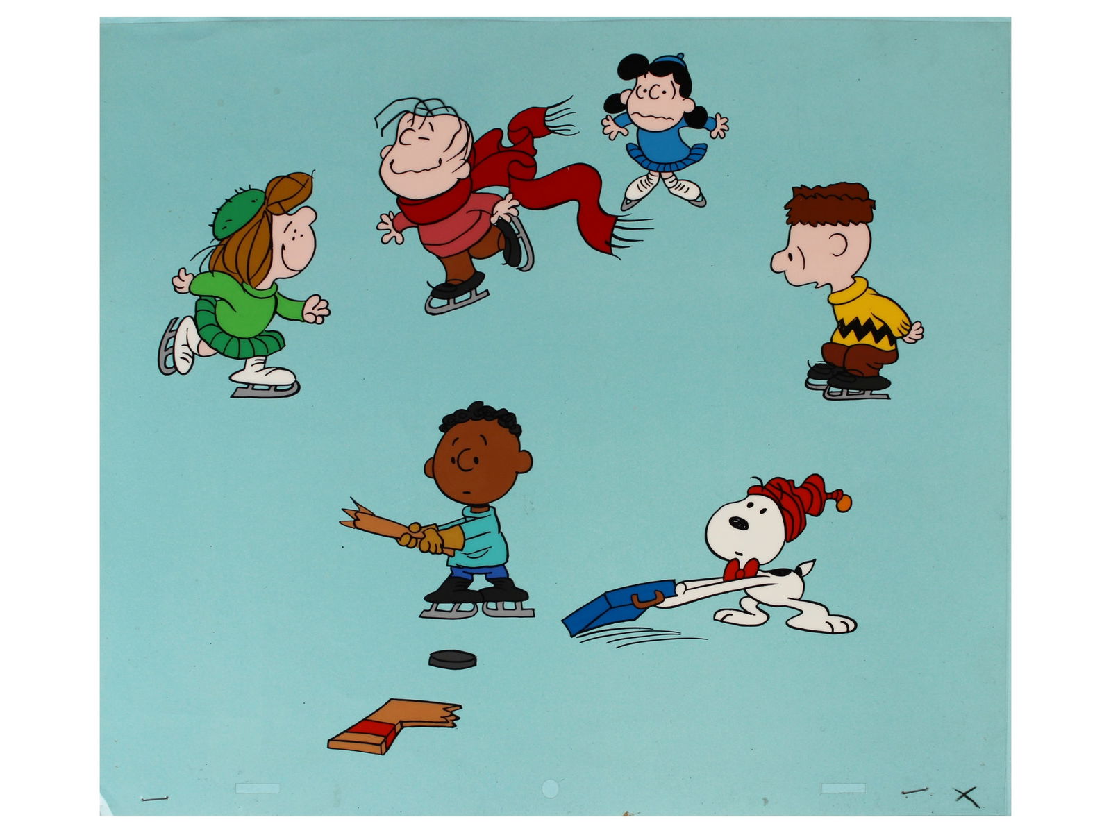 Peanuts Production Cel: (circa 1980/90's). Original hand inked and hand painted production cel. Untitled featuring Charlie Brown, Peppermint Patty, Franklin, Snoopy, Lucy, and Linus van Pelt. Cel measures approximately 10 1/