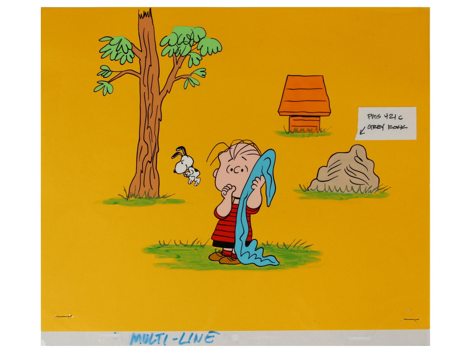 Peanuts Production Cel: (circa 1980/90's). Original hand inked and hand painted production cel. Untitled featuring Linus van Pelt and Snoopy. Cel measures approximately 10" by 12 1/2". This cel comes directly from our consig