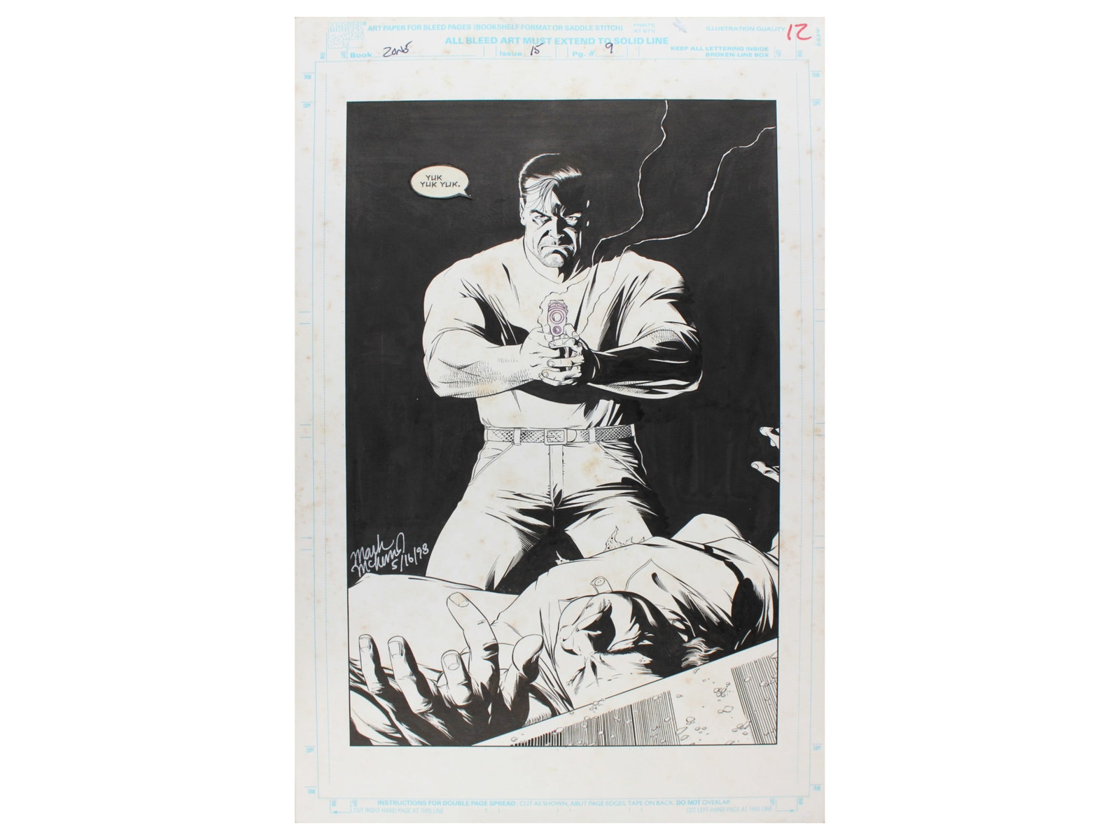 Mark McKenna Punisher War Zone #15 Orig Art Page: (Marvel, 1993) Original art story page to Punisher War Zone #15, Page 9 by Mark McKenna and Mike McKone. From the story titled "Father Knows Best". Ink over graphite on Marvel bristol board. Small tex