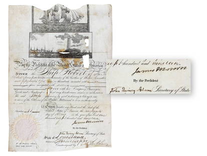 President Monroe & J.Q. Adams Signed Ship's Paper: Partly printed 1819 ship's passport signed by President James Monroe and Secretary of State John Quincy Adams. Issued for Robert Thompson of New York, this 4-language document permits safe passage and
