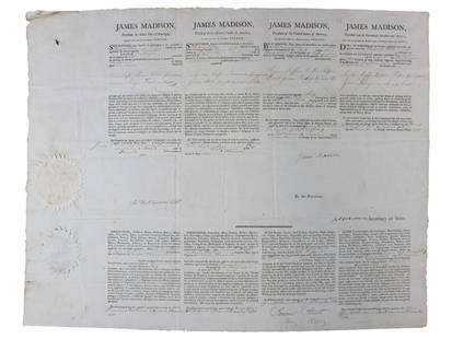 James Madison & James Monroe Signed Ship Passport: Partly printed four-language ship's passport signed by President James Madison and Secretary of State James Monroe, dated 1811. Large folio document granting safe passage for a vessel engaged in inter