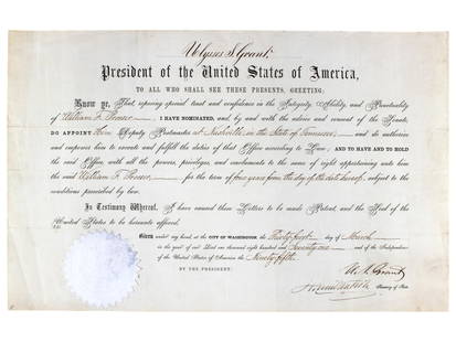 Ulysses S. Grant Signed Postmaster Appointment: Official presidential appointment signed by Ulysses S. Grant, dated March 31, 1871, naming William F. Prosser as Postmaster of Nashville, Tennessee. Countersigned by Secretary of State Hamilton Fish w