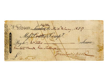 Charles Dickens Signed Check (1859): Bank check signed by Charles Dickens, dated February 9, 1859, drawn on Coutts & Co. London for ?14.5s. Made payable to Mr. Ellis. Bold full signature of ?Charles Dickens? at lower right. Embossed reve