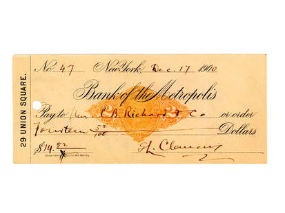 Samuel Clemens/Mark Twain Signed Check (1900): Check signed by Samuel L. Clemens (Mark Twain), dated December 17, 1900, drawn on the Bank of the Metropolis, New York. Made payable to C.B. Richards & Co. for $14.52. Boldly signed ?S.L. Clemens? at