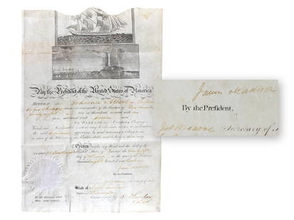 James Madison & James Monroe Signed Ship Passport: Partly printed 1812 ship's passport for the Schooner Albert of Baltimore, signed by President James Madison and Secretary of State James Monroe. Dated March 25, 1812, issued at Wilmington, North Carol