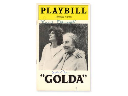 Golda Meir & Anne Bancroft Signed Playbill: Playbill from the stage production Golda, signed on the cover by both Golda Meir and actress Anne Bancroft. The cover features a photo of the two women. The play, written by William Gibson, dramatized
