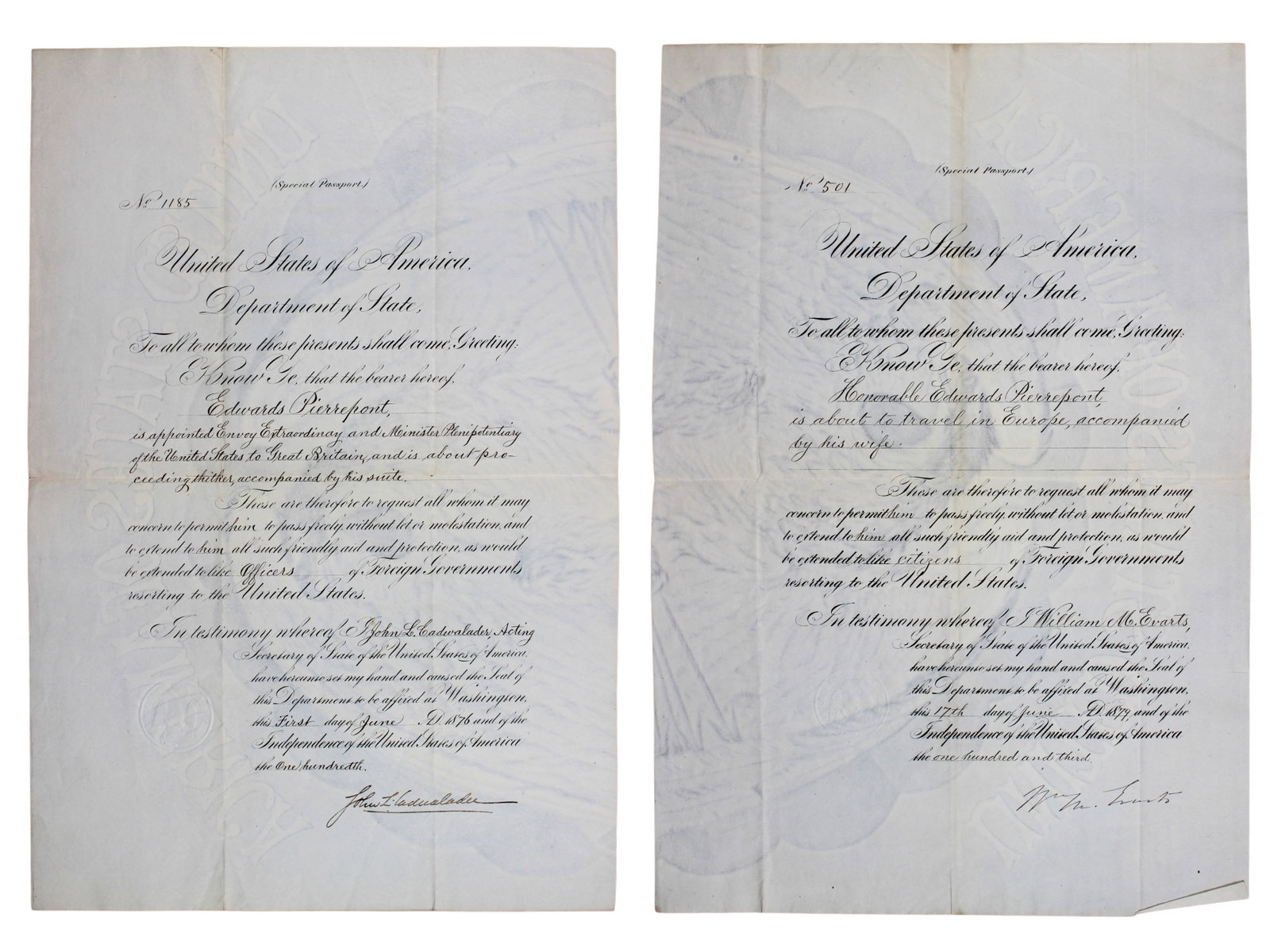 (2) Special Passports Issued to E. Pierrepont: Pair of special passports issued to Edwards Pierrepont, a prominent 19th-century American lawyer, judge, and U.S. Attorney General under President Ulysses S. Grant. He later served as U.S. Minister to