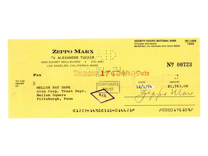 Zeppo Marx Signed Check: Zeppo Marx signed check dated 12/1/74 for $1,763.09 to Mellon National Bank Trust Department (as per endorsement on back, Marx was transferring money to his account at Mellon National).