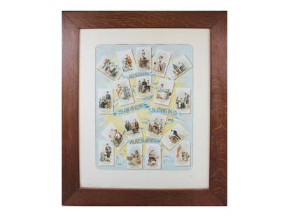 Scarce. All Nations Singer Sewing Machine Poster: Advertising Poster for the All Nations Singer Sewing Machine Cards. Framed and matted with image size approx. 20" x 26".
