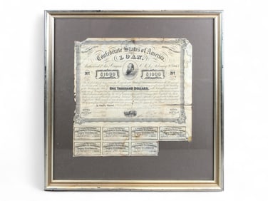 Confederate Feb 20 1863 Certificated $1000 Bond
