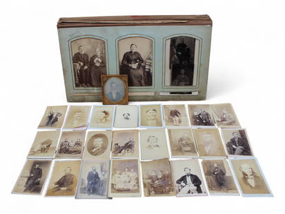 19th Century Photo: Lot includes (1) Daguerreotype, (2) Tintypes in rough condition with one being a man in uniform. Lot also includes CDV's and Cabinet Cards.