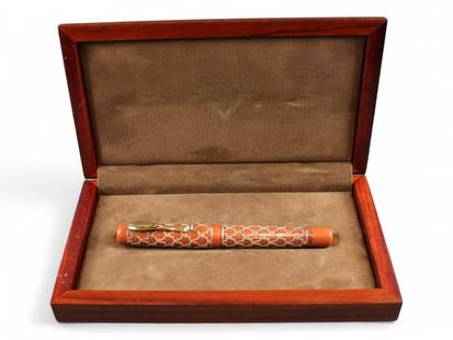 Visconti Alhambra Gold Ltd Ed Fountain Pen: Visconti Alhambra Silver limited edition fountain pen #074/888 in original wooden box; no outer box. Appears inked; lightly used.