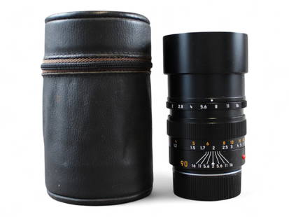 Leica Summicron-M 2/90: Leica Summicron-M 1:2/90 lens, serial number 3687088, with UVa lens and rear cap and original leather case.